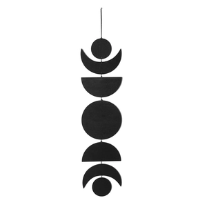 Vertical Nordic wall hanging featuring black wooden moon phase cycles with metal rings