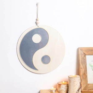 Décoration Murale Suspendue en Bois Yin Yang Taiji Miroir Acrylique Incrusté Style Boho Zen Ornement avec Perles