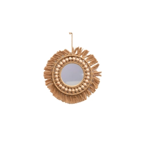 Detail of Boho round wall mirror with natural wood beads and handwoven beige cotton fringe