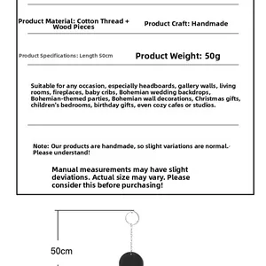 Detailed specs of handmade wooden wall hanging with cotton tassels and dimensions