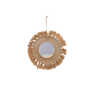 Detailed view of bohemian wall mirror with handmade brown cotton fringe and woven texture