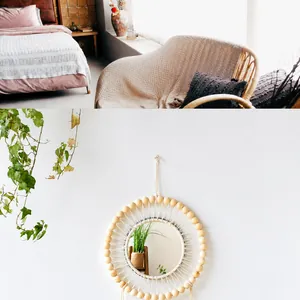 Λεπτομέρεια boho καθρέφτη τοίχου με χειροποίητο βαμβακερό σχοινί και ξύλινες χάντρες