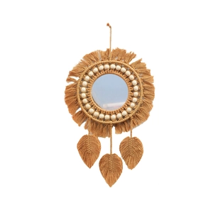 Bohemian handmade cotton wall mirror with wooden beads and woven leaf tassels decoration