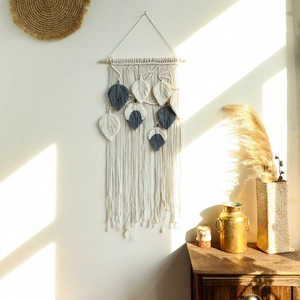 Bohemian Macrame Wall Hanging Hand Woven Cotton Feather Leaf Tapestry Boho Wall Decor With Wood Stick For Home Living Room