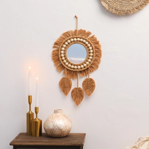 Bohemian Handwoven Macrame Wall Mirror Boho Round Decorative Mirror With Tassels Wood Beads For Home Bedroom Living Room Decor
