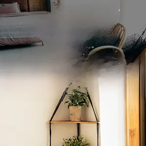 Macro detail of hand-woven black macrame corner shelf with a natural wooden triangle board