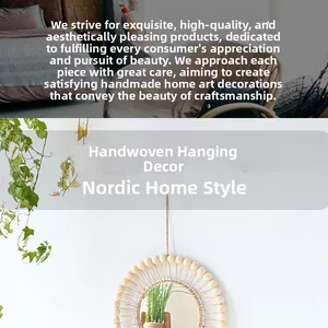 Detailed view of hand-woven macrame round wall mirror with natural wooden beads
