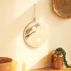 Miroir mural bohème Tai Chi Yin Yang avec cadre en bois et perles décoratives murales