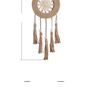 Detail view of 60cm bohemian handmade macrame wall hanging with wooden beads and tassels
