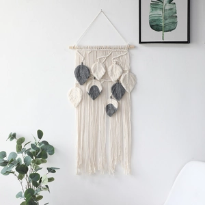 Handwoven bohemian feather leaf wall hanging tapestry in cream and grey cotton