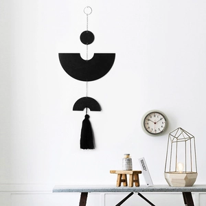 Modern Nordic Geometric Wood Wall Hanging Decor Minimalist Black Round Semicircle Pendant With Long Tassels For Home Art Decor
