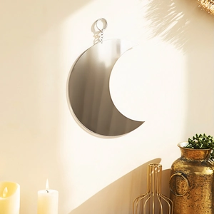 Bohemian moon phase hanging mirror with silver metallic chain for modern wall decor
