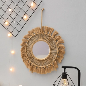Bohemian woven wall mirror with beige cotton fringe for Nordic home decor