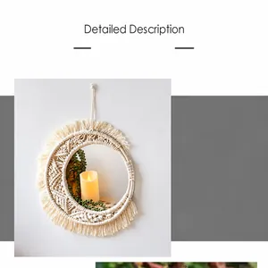 Detailed view of handmade macrame crescent moon mirror with cotton fringe decor