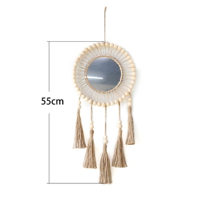 Bohemian woven macrame wall mirror with wooden beads and tassels, 55cm diameter decoration