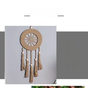 Detailed close-up of woven star pattern and wooden beads on boho tassel wall hanging