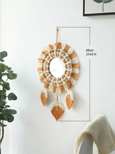 Bohemian handmade woven macrame wall mirror with wood beads and tassel feathers, 60cm