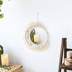 Bohemian Handmade Macrame Wall Hanging Mirror Beige Cotton Rope Woven Round Mirror With Tassel Fringe For Home Decor Living Room Bedroom