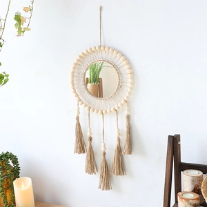 Bohemian Hand Woven Cotton Wall Hanging Mirror Decorative Tassel Mirror With Wood Beads For Living Room Bedroom Entryway Home Decor