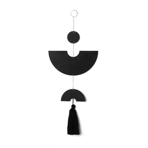 Modern black geometric wood wall hanging with layered semicircles and long tassels