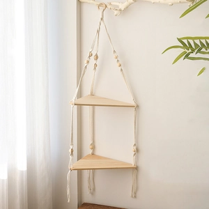 Bohemian Woven Cotton Rope Triangular Plant Hanger Wooden Wall Corner Storage Rack Decorative Hanging Shelf Home Decor