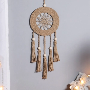 Nordic handmade woven dream catcher wall hanging with wooden beads and tassel accents