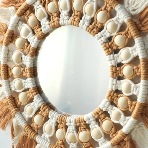 Bohemian handmade woven wall mirror with cotton rope tassels and light wooden beads