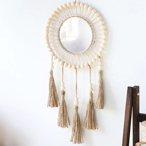 Boho woven wall hanging mirror with natural wood beads and cotton macrame tassels