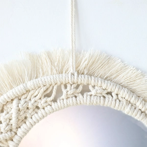 Bohemian handmade macrame wall mirror with white cotton rope weaving and tassels