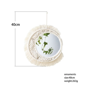 Handmade bohemian woven tapestry mirror with macrame cotton fringe 40cm wall decor