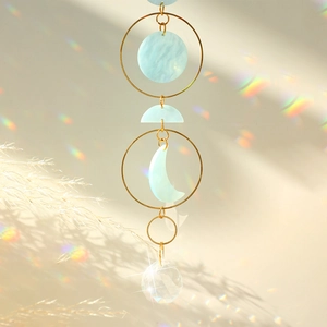 Bohemian suncatcher with natural crystal prism and moon metal chain hanging decor