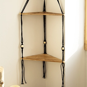 Handmade double-tier triangle wooden corner shelf with bohemian braided rope for wall decor