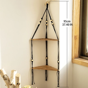 Handwoven 2-tier triangle wooden wall shelf with black rope and wood beads for home decor