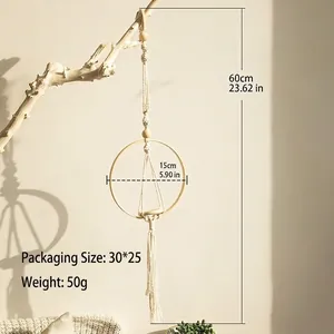 Handmade bohemian cotton rope plant hanger with wooden ring and tassels, 60cm length