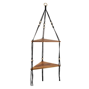 Minimalist double-layer wooden hanging shelf with black cotton ropes and decorative beads