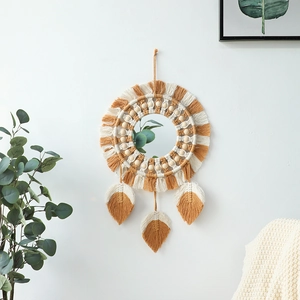 Bohemian Hand Woven Cotton Wall Hanging Mirror With Wood Beads Leaf Tassels Handmade Decorative Mirror For Bedroom Home Decor