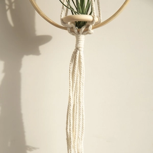 Detailed view of hand-woven cotton macrame plant hanger with air plant and wooden rings
