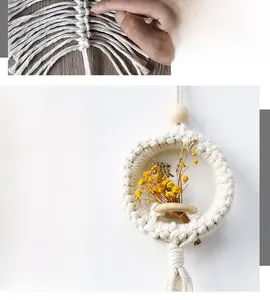 Detail of bohemian handmade cotton woven flower basket with yellow dried flowers