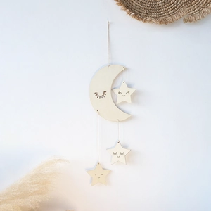 Nordic Style Wooden Moon Star Wall Hanging Decoration Laser Cut Smile Face Plywood Pendant For Nursery Kids Room Home Decor