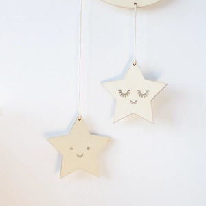 Minimalist wooden star hanging ornaments with cute smiley faces for home wall decor