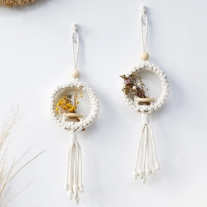 Handmade Bohemian Macrame Wall Hanging Basket Woven Cotton Rope Decorative Basket With Wood Beads For Home Bedroom Decor