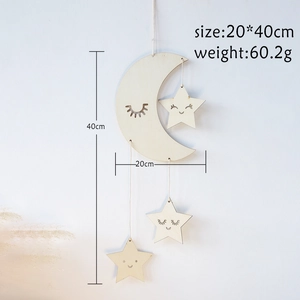 Minimalist wooden moon and stars wall hanging decor with hollow carved smiley faces