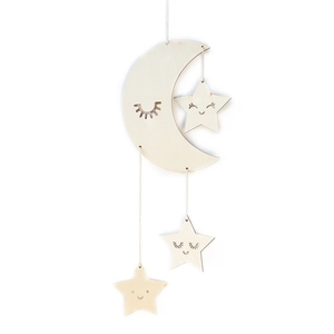 Minimalist DIY wooden crescent moon and smiling stars hanging decor for home nursery ornament