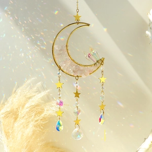 Moon Star Crystal Suncatcher Ornament With Natural Gravel Prism Pendant For Window Home Garden Decor Bohemian Wall Art