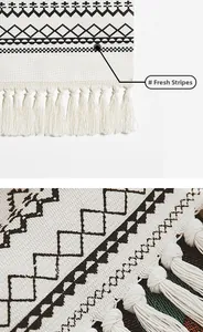 Detailed close-up of woven cotton fabric featuring black geometric patterns and tassels