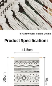 Detail view of woven bohemian tapestry with black and white patterns and size dimensions