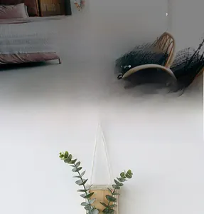 Detail of bohemian handmade woven wall decor with wood base and eucalyptus leaves