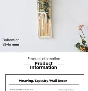 Detail of handcrafted bohemian wall decor with cotton rope weaving and wooden board