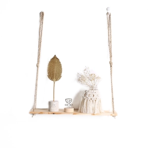 Boho style wood floating shelf with jute rope and hook for wall decor and plants