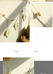 Detailed macro view of bohemian handmade cotton woven leaf wall hanging with wooden beads